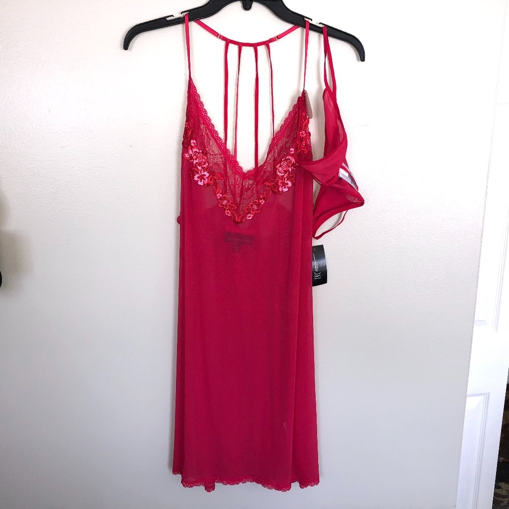 INC Floral Embroidered Lace Chemise w/ Thong Pink